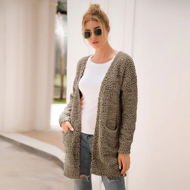 Fitshinling 7 цветов зимний длинный женский кардиган Boho Карманы Женская трикотажная куртка свитера длинный рукав тонкий кардиган для женщин