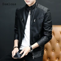 samlona plus size men pu leather jackets 2022 kpop style fashion jacket lepal collar zipper pockets ruched top outerwear black