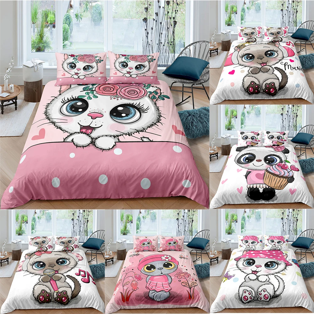 

ZEIMON 3D Bedding Sets White Duvet Quilt Cover Set Pillowcase King Queen Single Size Cartoon Kids Cat Kitty Design for Home