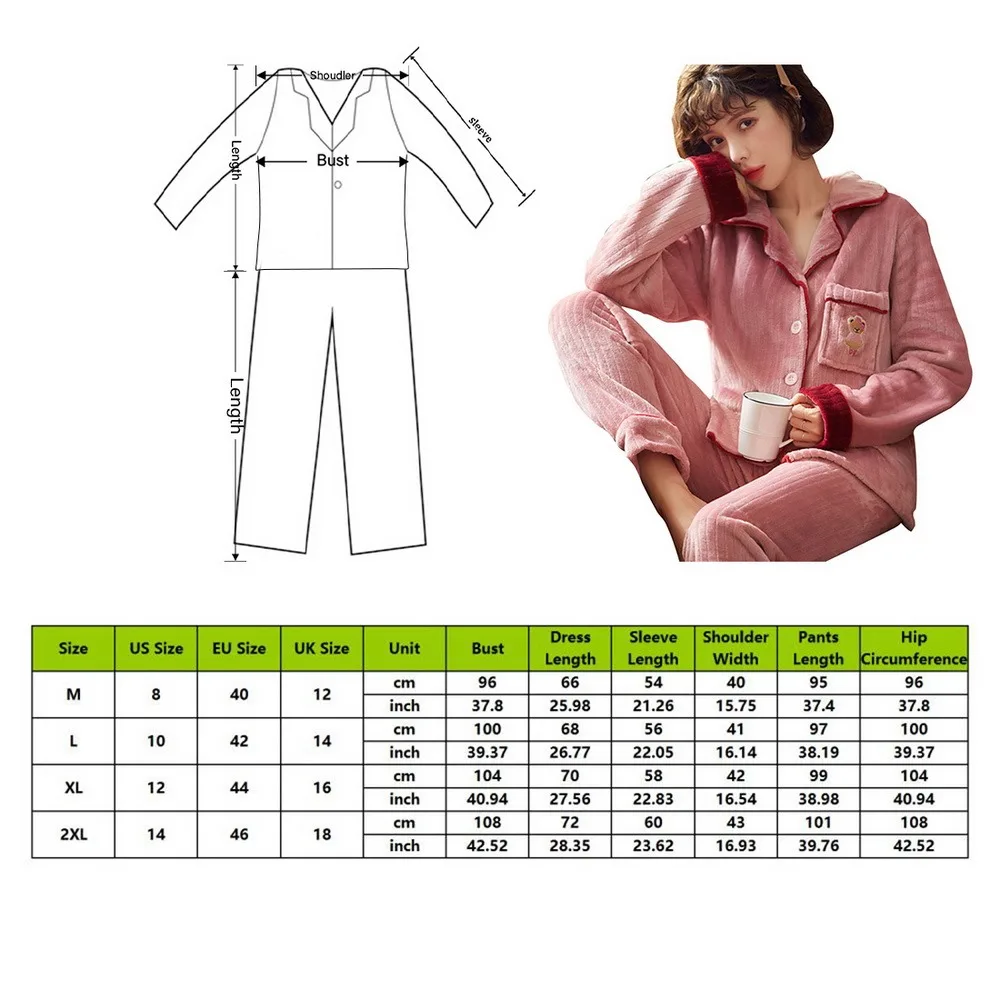 

Winter Pajamas Set Women Sleepwear Warm Flannel Long Sleeves Pajamas Pink Cute Homewear Thick Home Suit Sexy Pyjamas Set
