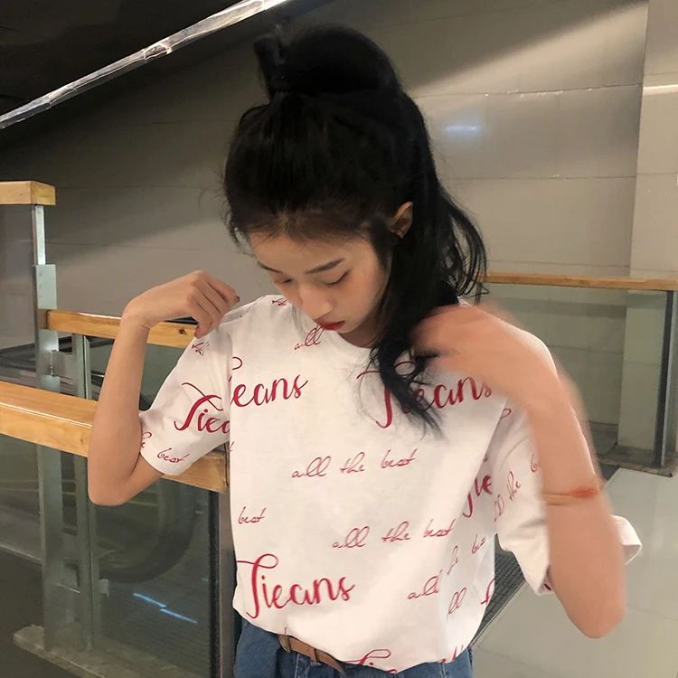 

XZ167 Korean version of the loose clavicle loose short-sleeved careful machine T-shirt women