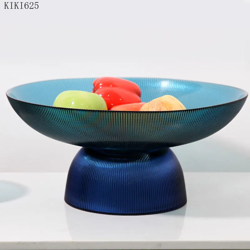 

Creative Two-color Striped Glass Fruit Tray Household Large-capacity Round Tall Candy Snack Tray Coffee Table Living Room Decor