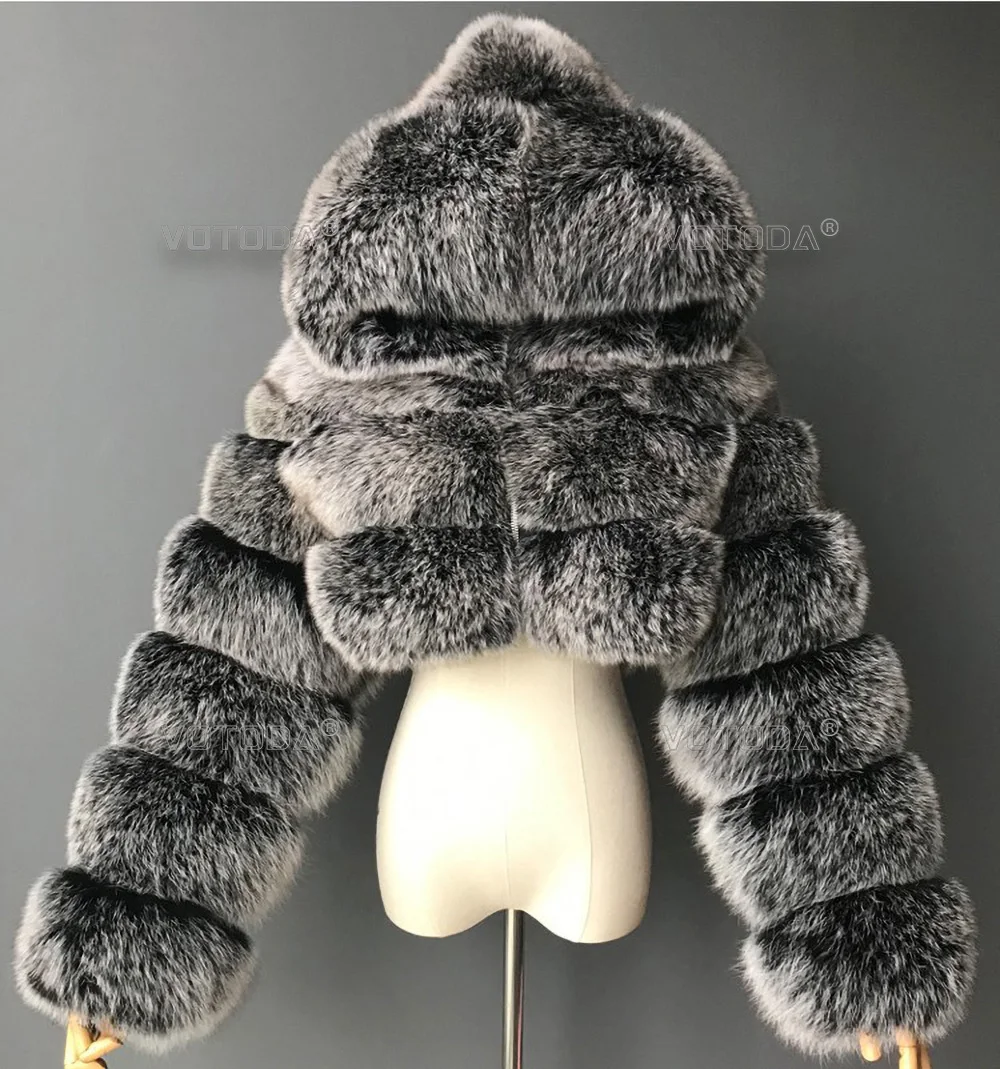 2021 Fashion Winter Women Faux Fur Crop Coats Long Sleeve Fluffy Zip Hooded Female Warm Furry Short Jacket Women Fluffy Top Coat
