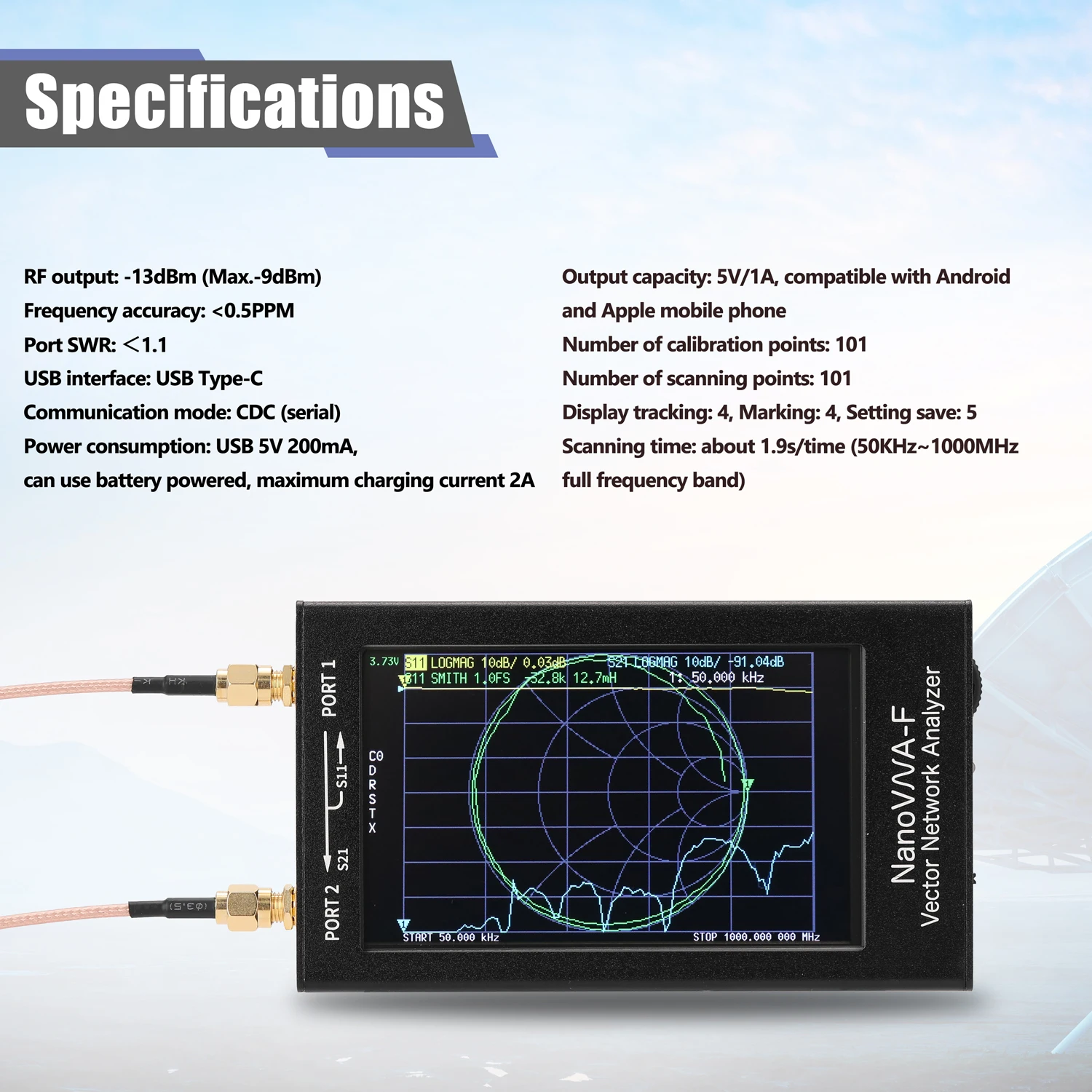 Портативный портативный Векторный анализатор сети SWR Meter 50 кГц-1000 МГц 4 3 дюйма IPS |