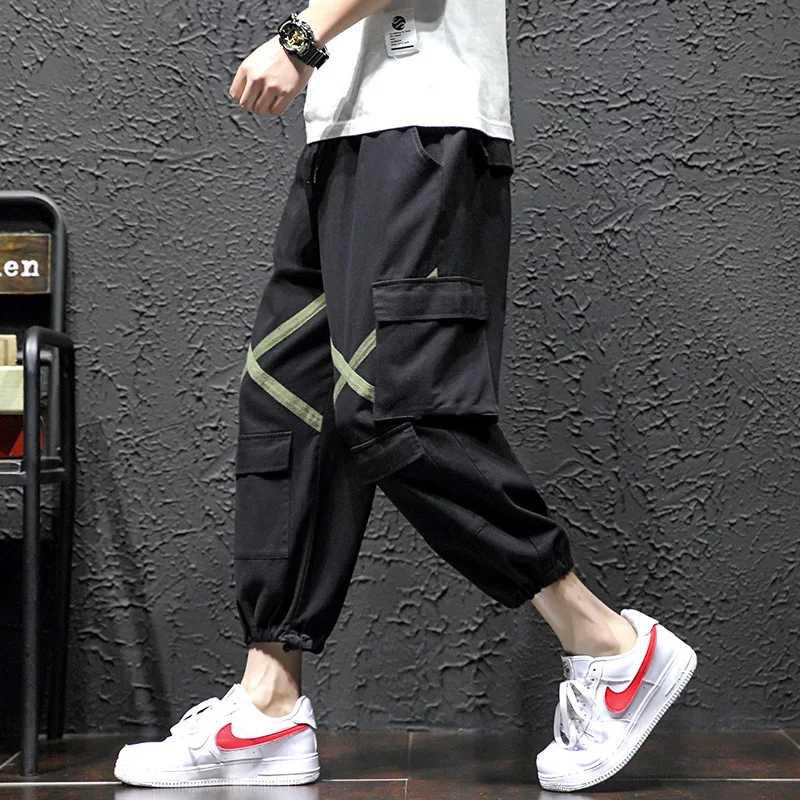 Черный Штаны-шаровары в стиле хип-хоп, мужские брюки с карманами и лентами, повседневные штаны с эластичной резинкой на талии, спортивные штаны - Цвет: Черный