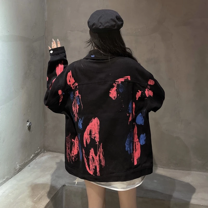 

Women Jean Coat 2021 New Spring Korean Style Vintage Harajuku Black Printing Female Coat Fashion Single Breasted Loose Women Top