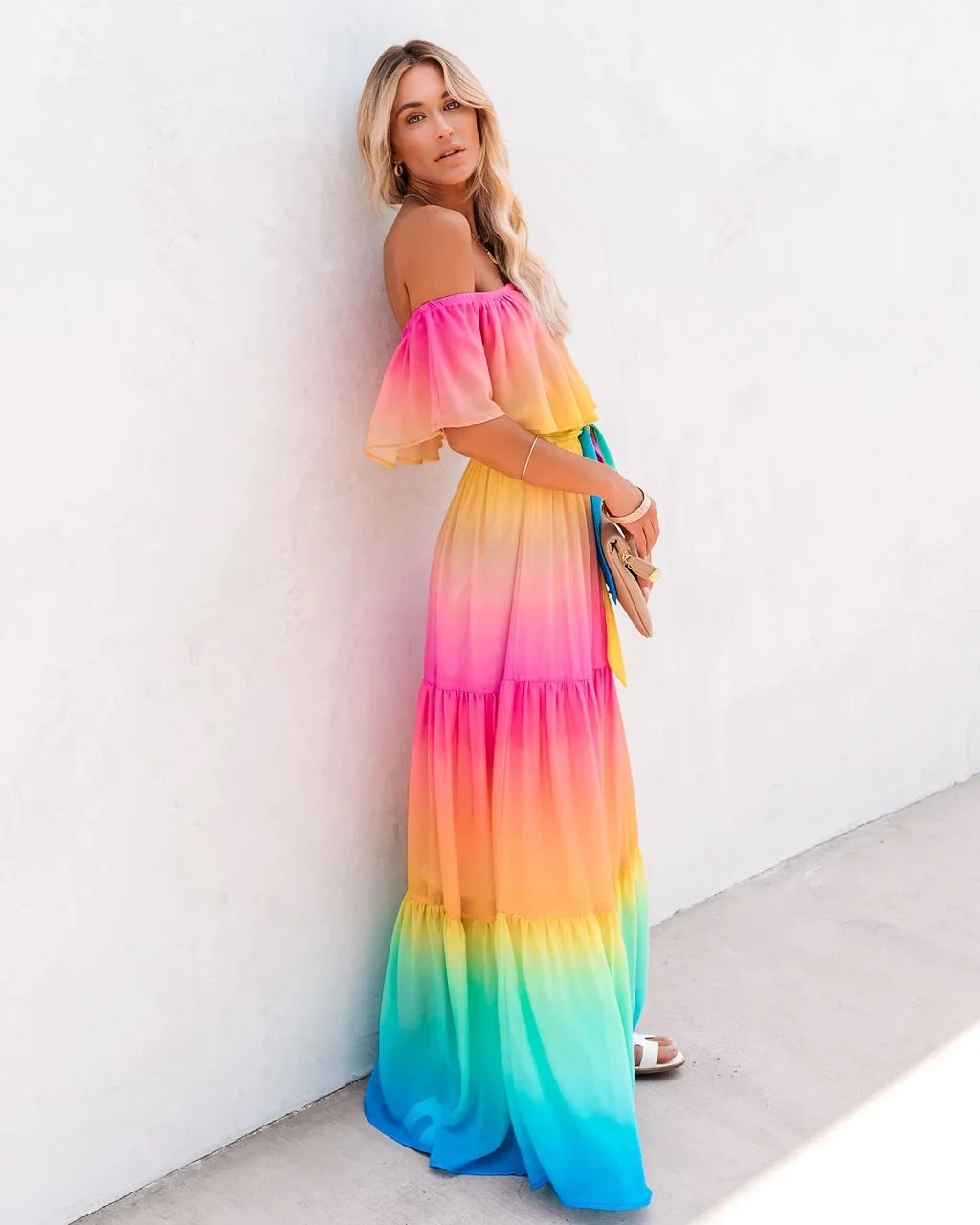 

WEPBEL Summer Short Sleeve Ruffled Pleated Stitching Lace Up Slash Neck Dress Women's Casual Printed Loose Dress