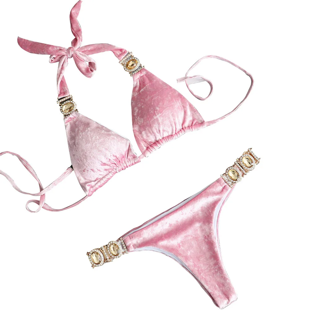 Новый бархатный женский раздельный купальник синего и золотого цвета