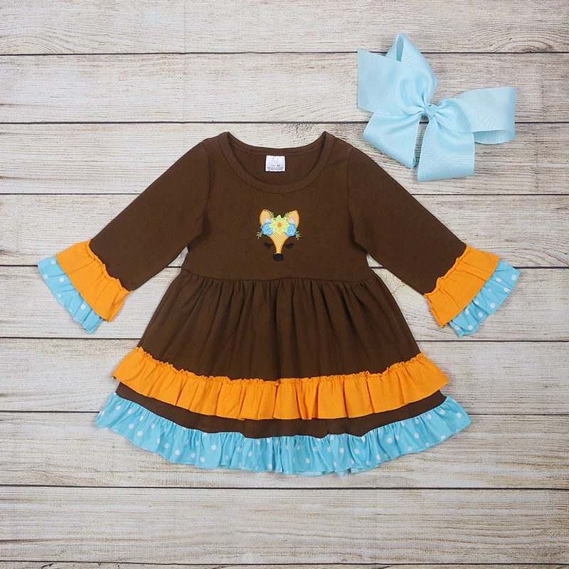 

Toddler Girl Autumn And Winter Clothes Girls Brown Long Sleeve Blue Lace Dress Fox Head Embroidery Pattern Toddler Dress