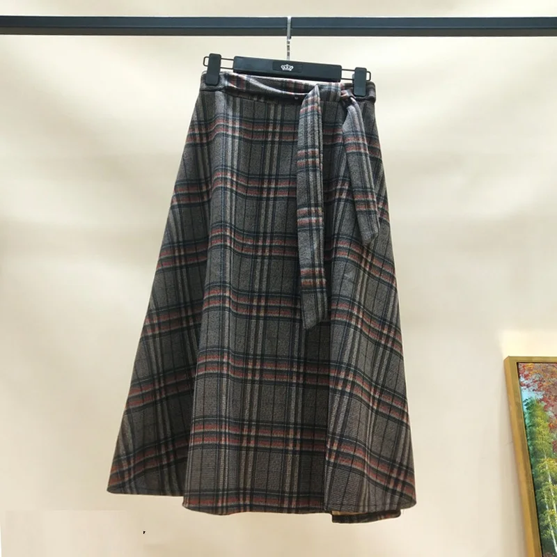 Autumn Winter High waist umbrella skirt a word skirt wild waist woolen female Flared new poncho skirt Plaid Long skirt