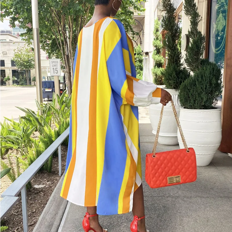 

2021 New Fashion Women Casual Summer Dress Colorblock Striped Long Sleeve Loose Midi Dress