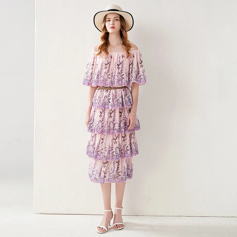 

Женские модельные платья с открытыми плечами, винтажные праздничные платья миди с цветочным принтом, каскадными оборками и открытой спиной...