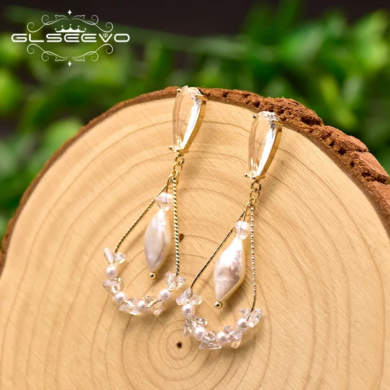 Серьги подвески GLEVO геометрической формы с натуральным пресноводным белым