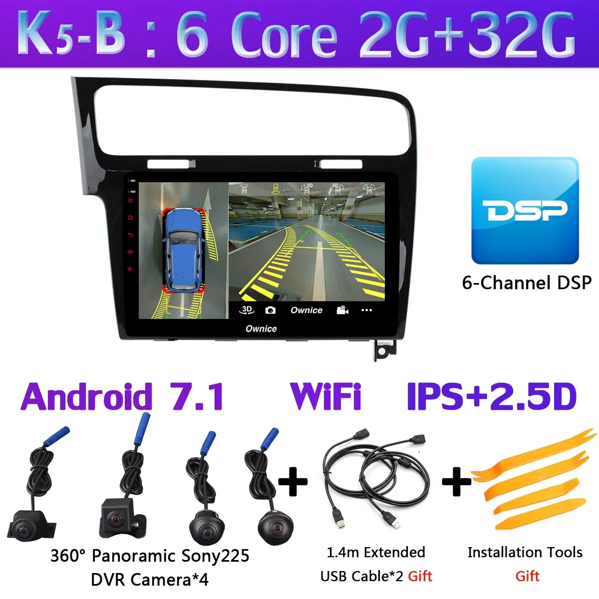 Панорамная камера 360 ° 4G LTE Android 9,0 4G+ 64G DSP CarPlay Автомобильный плеер для Volkswagen Golf 7 MK7 2013- gps радио - Цвет: K5-B