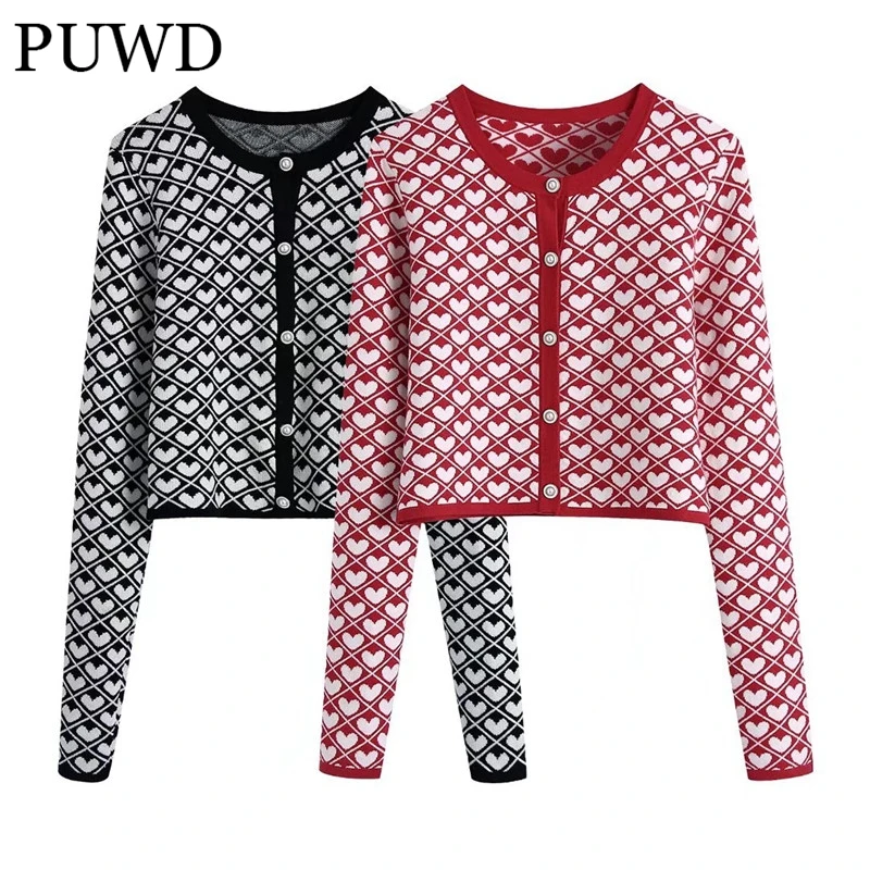 

PUWD Women Round Neck Thin Knitted Cardigan 2022 Spring-autumn Fashion Ladies England Style Sweater Female Print Short Sweater