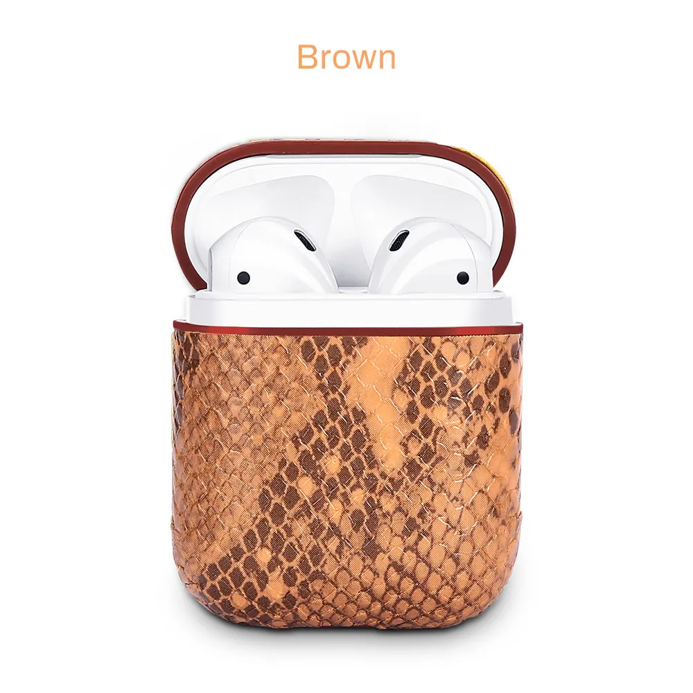 Snake Skin Earphone Case For Apple AirPods Protector Anti-lost Pouch For Air Pod Wireless Bluetooth Earphone Fashion Carcasa Bag - Color: brown