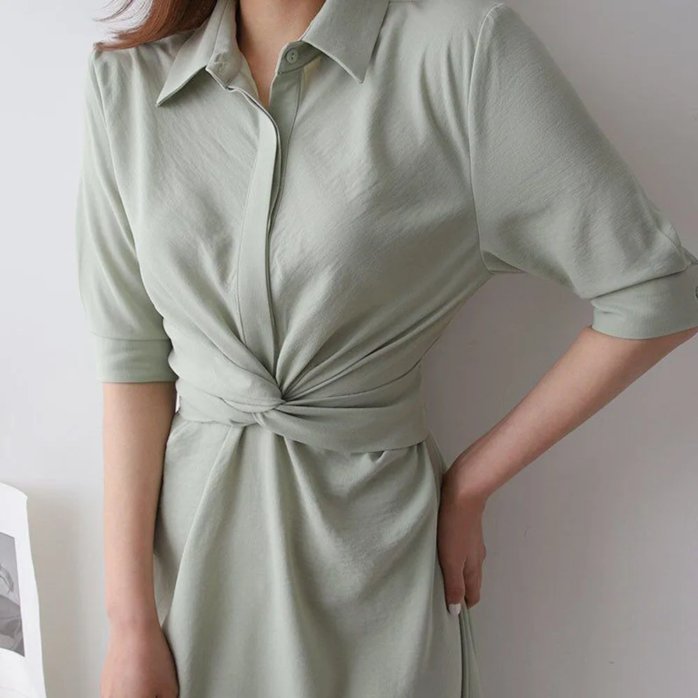 

Summer Ladies Office Dress Asymmetrical Ruched High Waist Turn Down Collar Women Work Wear Elegant Korean Midi Shirt Dresses