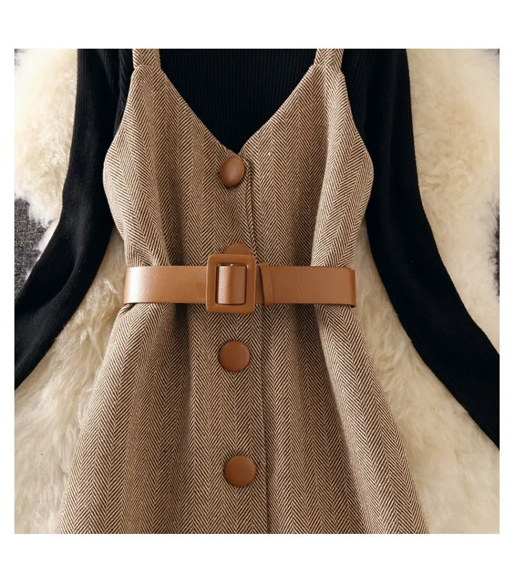 Весеннее зимнее элегантное женское платье миди на бретелях с длинным рукавом