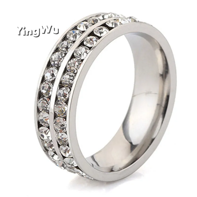 YingWu 2 Row Lines Clear Crystal Wedding Rings For Women Fashion Rhinestone Stainless Steel Female Teen Jewelry mujer 5pcs Lot | Украшения