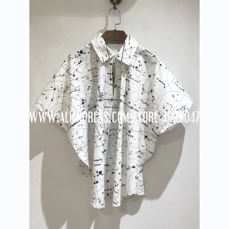 

2021 early spring new women's high-quality constellation splash ink printing bat sleeve shirt casual cotton cape shirt