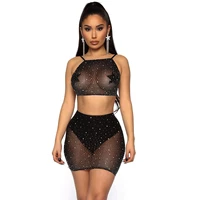 sexy rhinestones skirt suit black shiny crop top mini skirt women sexy see through party clubwear skirts suit stripper clothes