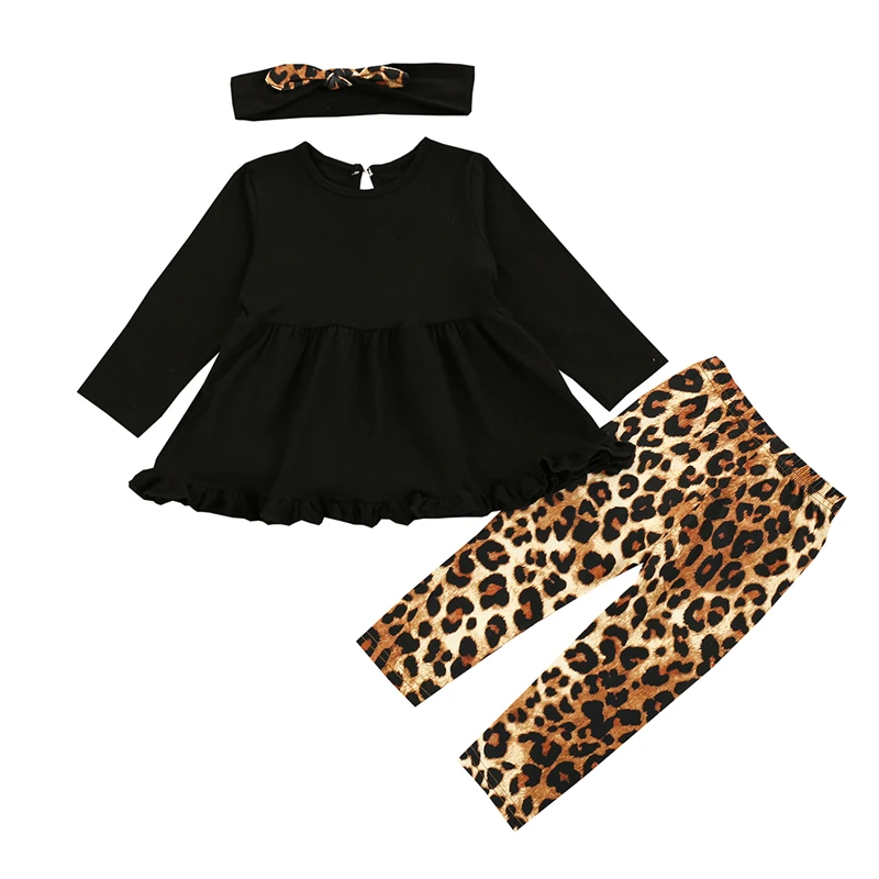 

BY 3Pcs Clothes Set Girl’s Suit Solid Color Long-sleeved Skirt Hem T-shirt Leopard Long Pants and Headband Baby Clothing Set