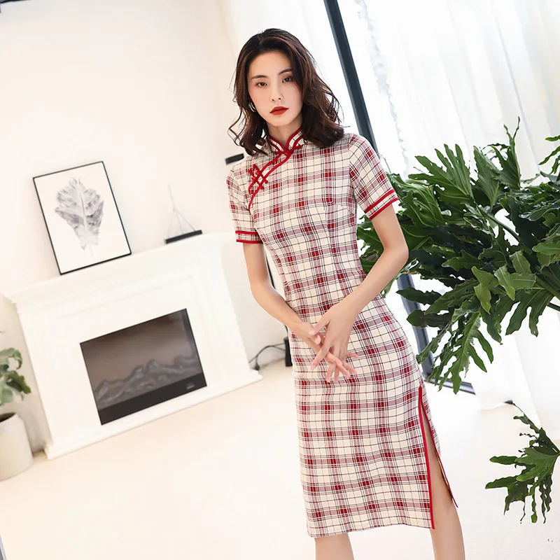 Китайское платье Чонсам в клетку для молодых женщин и девушек | Тематическая