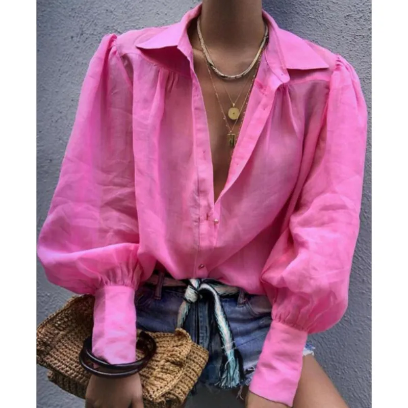 Винтажный буф рукав OL Блузка женская с длинным рукавом v образным вырезом