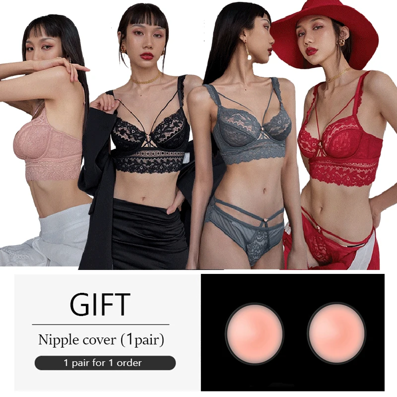 2 Piece Sets Deep V Women Bra And Panties Sexy Lingerie Transparent Ultra Thin Lace Push Up Underwear Plus Size Bras Black B C D