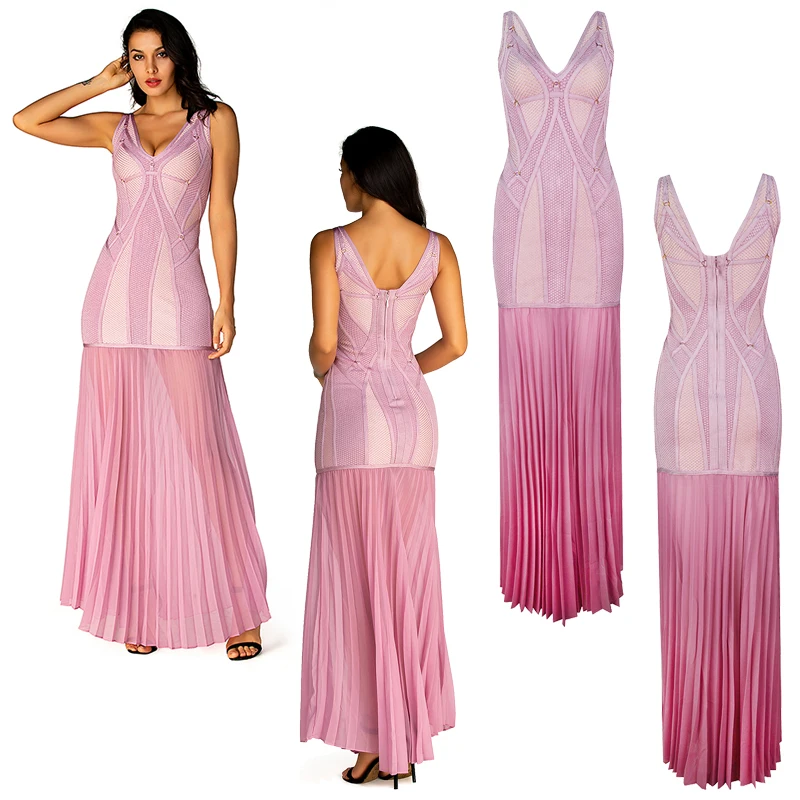 

2019 New Arrival Elegant Women Maxi V-Neck sleeveless Elegant Bandage dress Vestidos Celebrity evening party bodycon dresses