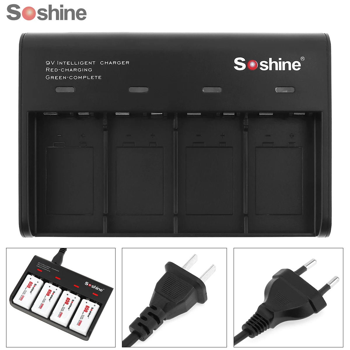 Soshine черный 4 слота Смарт зарядное устройство с Светодиодный индикатор для 9 в li