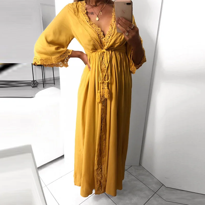 Весенне летнее длинное женское платье с рукавом три четверти кружевное