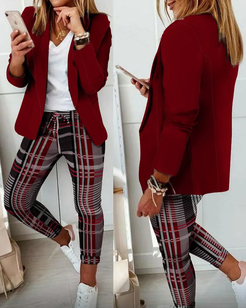 

Plaid Print Blazer Coat & Drawstring Pants Set 2021 Autumn Women Casual Shawl Collar Blazer & Drawstring Plaid Pants Set