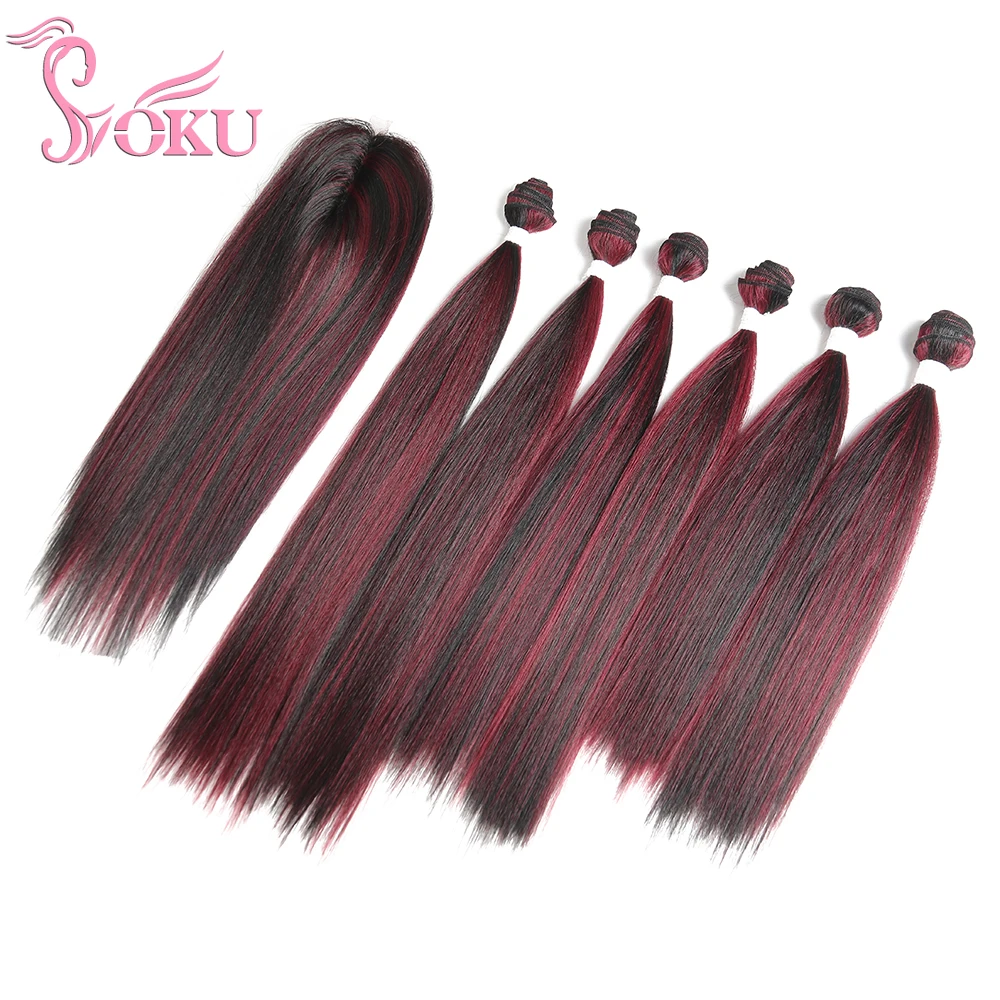 Рояль Цветные Красные пряди для волос с закрытием Синтетические прямые волосы