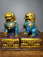 LaoJunLu Pure Copper Cloisonne Handmade Cloisonn Enamel Color Door Lion Pair Lucky Decoration Imitation antique bronze