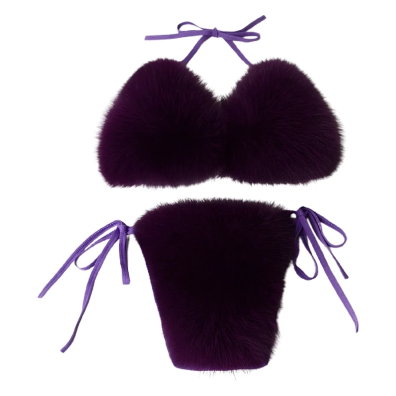 

New Women Sexy 2 Piece Faux Fur Bikini Set Halter String Triangle Bralette Swimsuit Tie Side Bottom Solid Color Plush Bathing