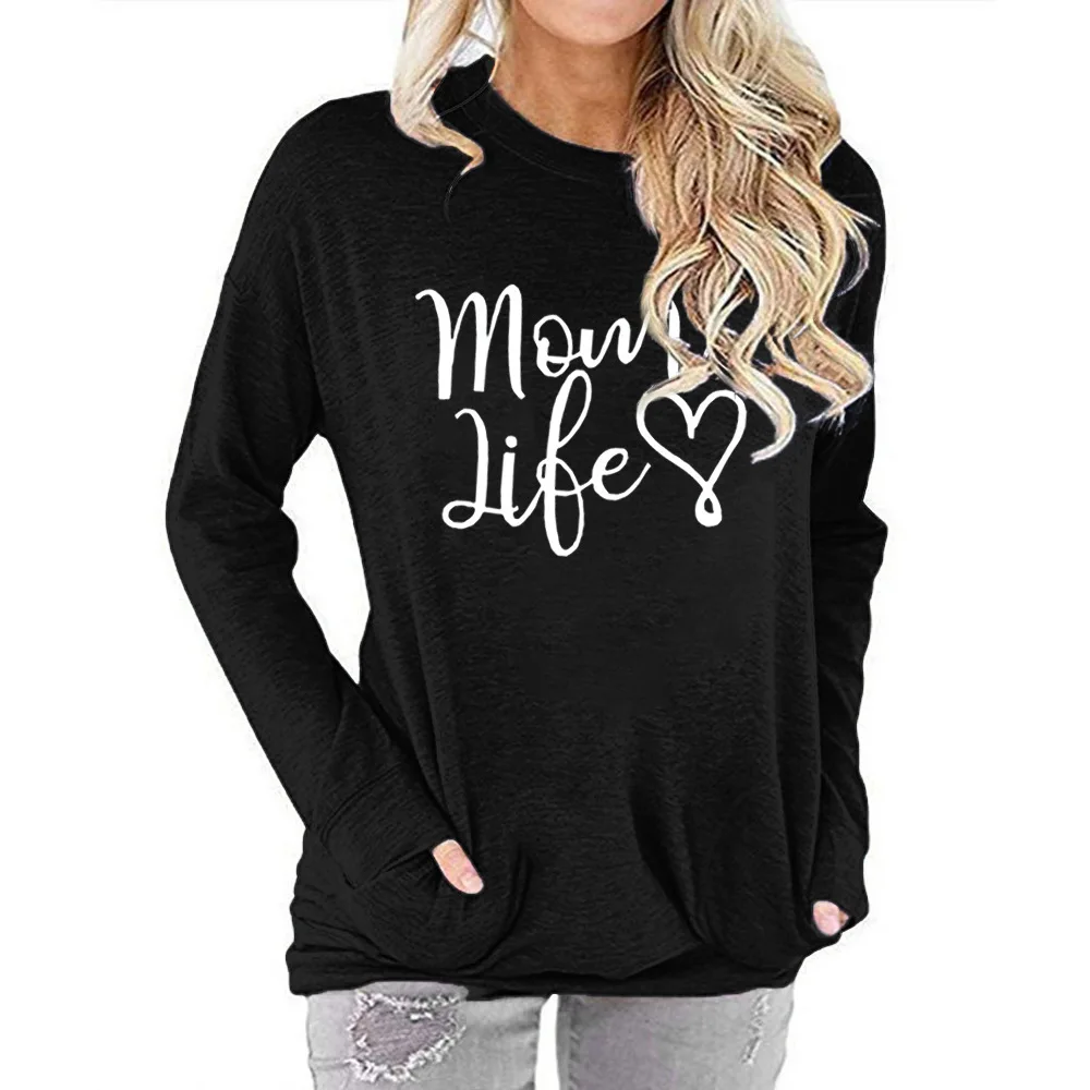 

Carney cross border European and American fashion women's pocket sweater Amazon mom life round neck long sleeve T-shirt