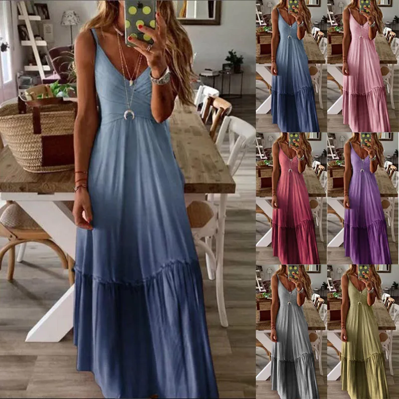 

Spring Summer Lady Bohemian Dress 2020 New Style Womens V-neck Gradient Color Strapped Dress Dress Suspender Dress Beach Dresses