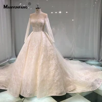 luxury full sleeve cathedral train lace up back wedding dress custom made embroidery appliques tulle o neck bridal ball gown