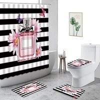 black white stripes shower curtain flower perfume lipstick printed bathroom curtain decor non slip carpet toilet lid cover rugs