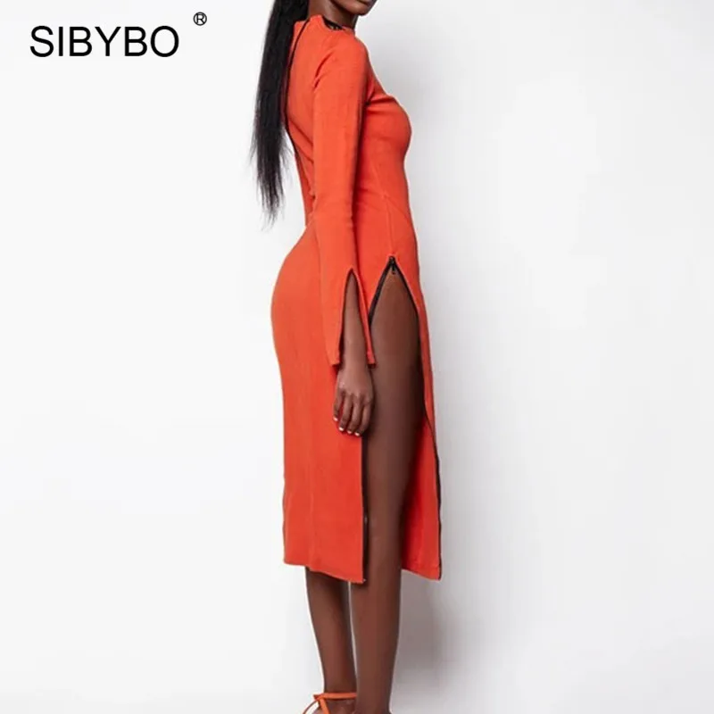 Женское облегающее платье с высоким разрезом SIBYBO черное вязаное длинным рукавом