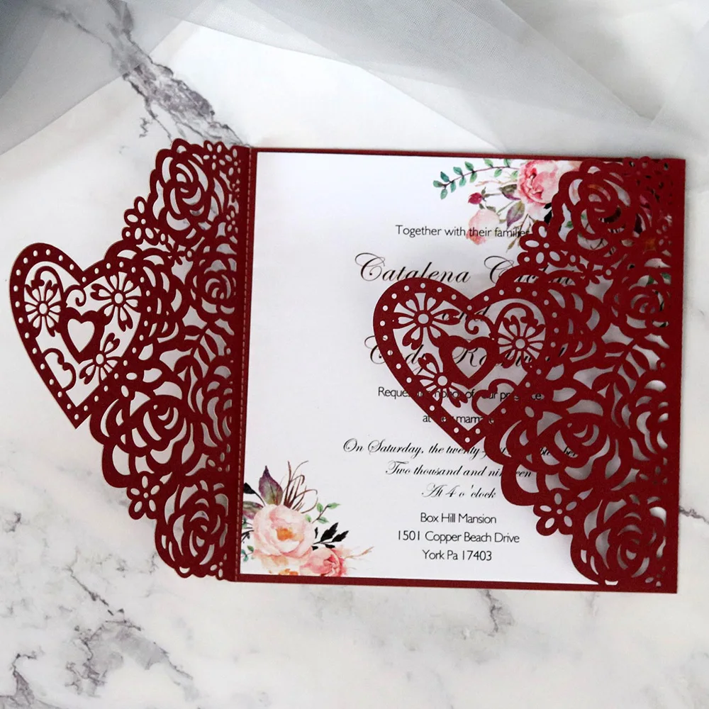 (50 шт./лот) темно-красные розы лазерная резка свадебные приглашения DIY Милая