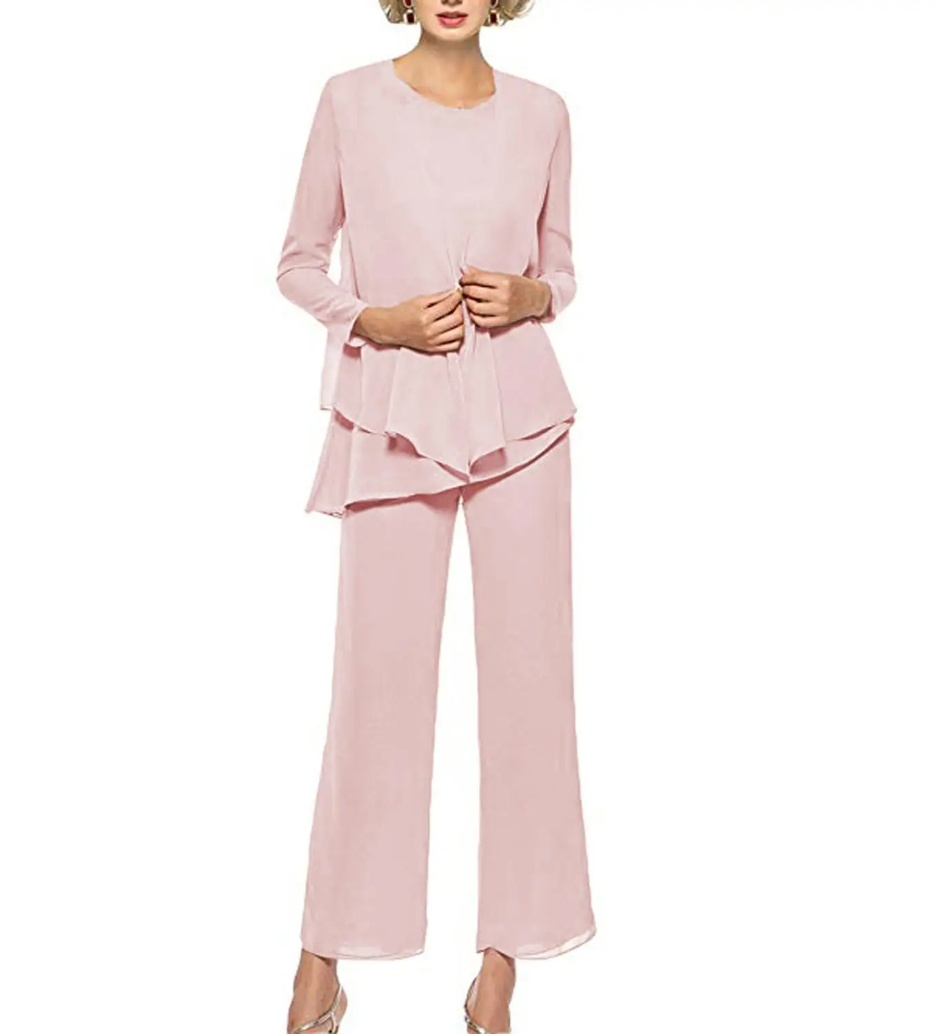 Женский костюм для матери невесты шифоновое платье с оборками цвета шампанского