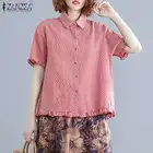 Летняя Клетчатая блузка ZANZEA в клетку, женская рубашка с отложным воротником и коротким рукавом, винтажные топы с оборками, блузы на пуговицах, рубашка, туника