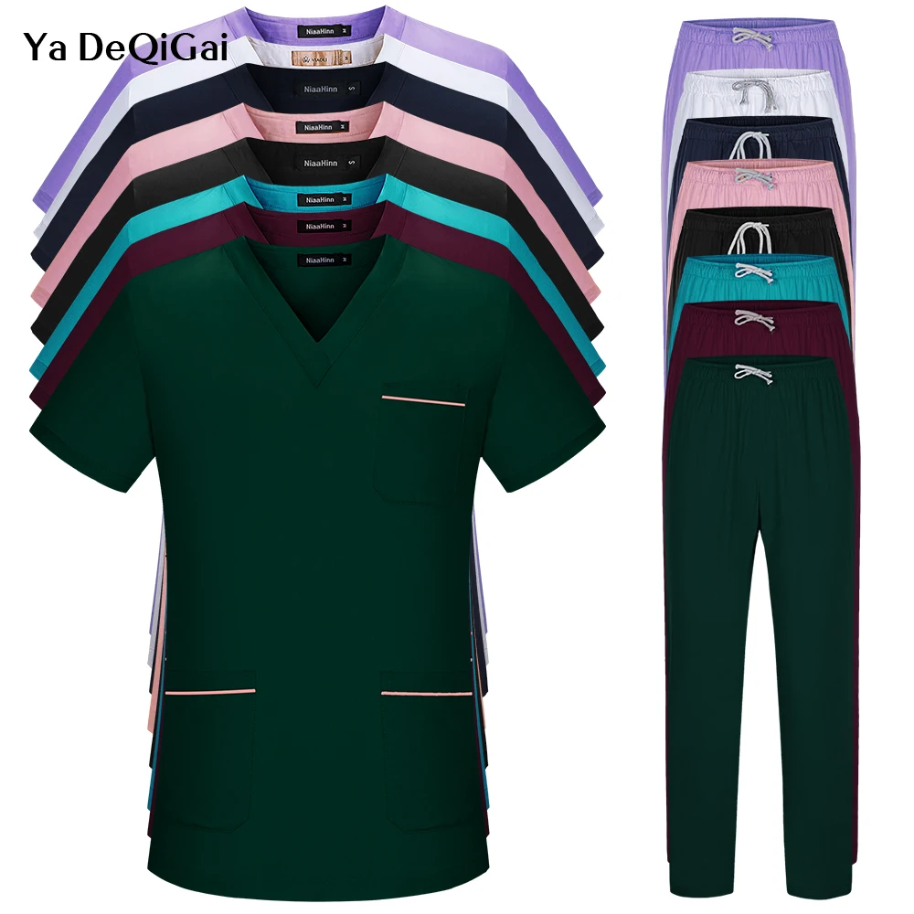 

Solid color V Neck Beautician Uniforms tops+Pants suit Short Sleeved Pure Color work set Scrubs Women uniforms wholesale lab set