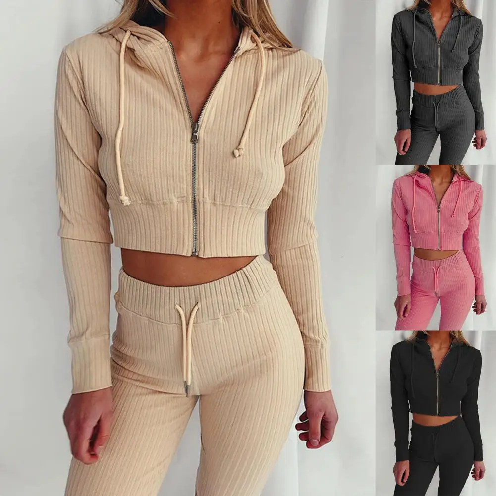 

Casual Two Piece Set Women Outfits Set Long Sleeve Hooded Short Crop Top Long Skinny Pants Leggings 2 Piece Set Women Tracksuit