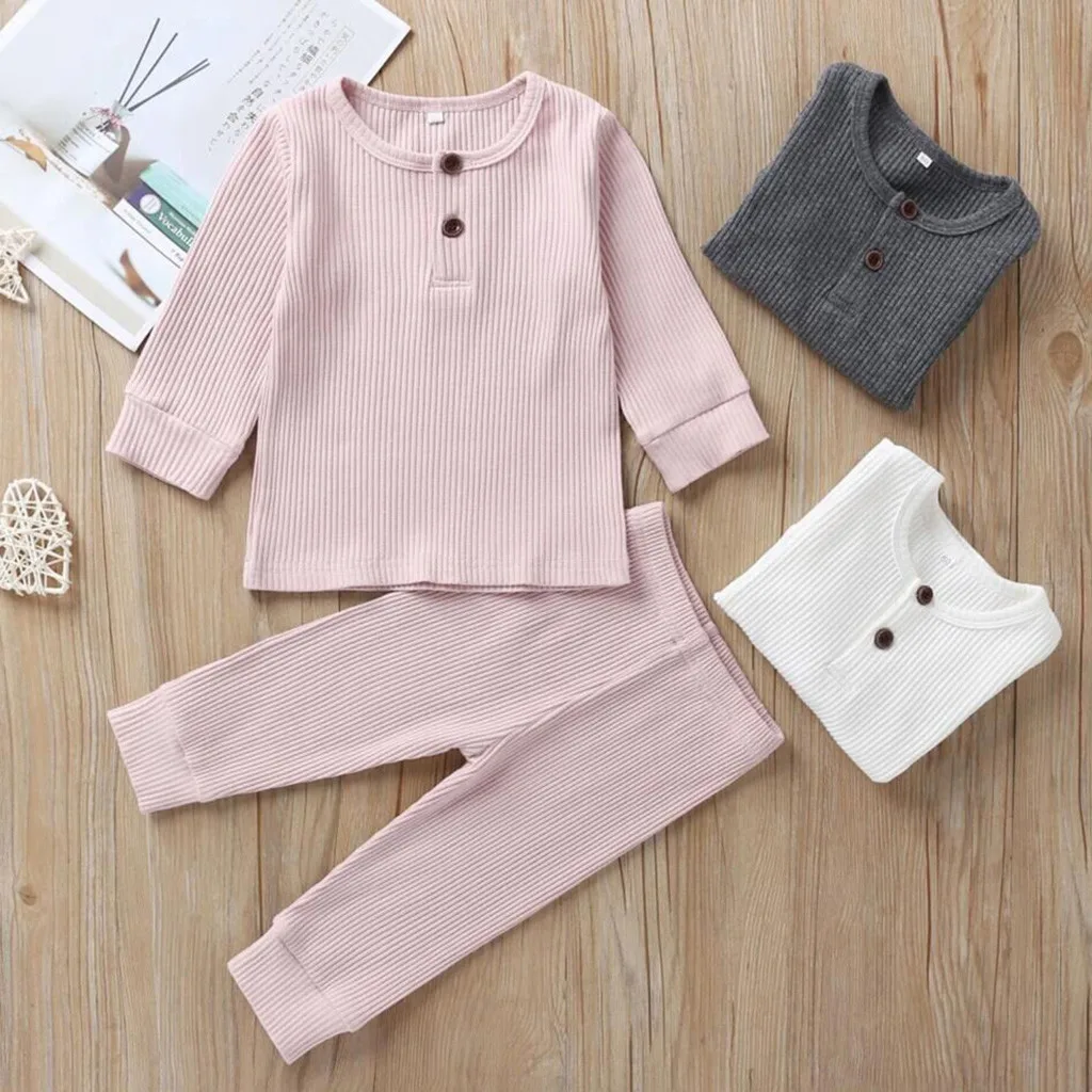 Toddler Baby Girl Clothes Knitted Ruffle Tops Long Sleeve Pure Color T-Shirt Leggings Pants Outfits 2Pcs Set Autumn Clothing | Детская