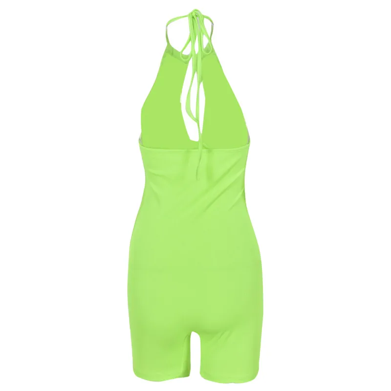 

Women Sexy Sleveless Hollow Out Playsuit Green Solid Color Halter Neck Sleeveless Romper Sumemr Tight Kinitting Jumpsuit