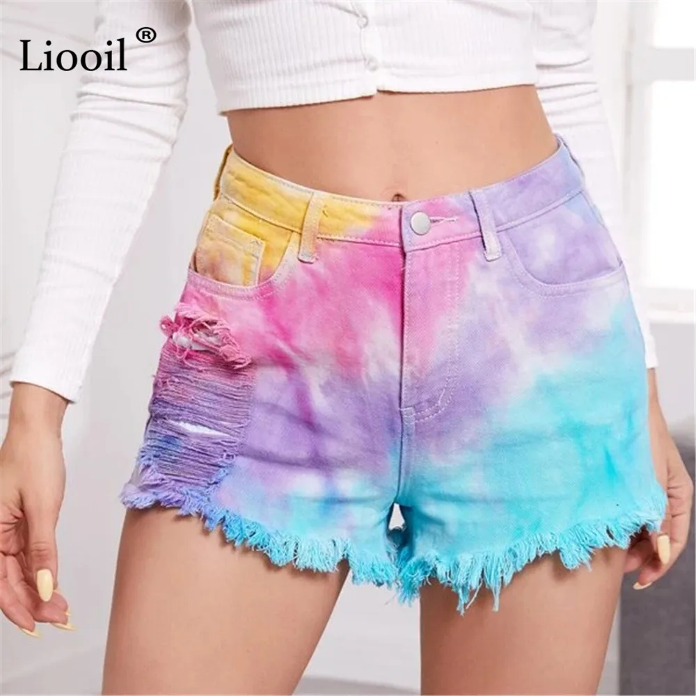 

Liooil Tie Dye Print Ripped Denim Shorts Women With Tassel 2021 Summer Streetwear Cotton Mid Waist Bottoms Sexy Hole Jean Shorts