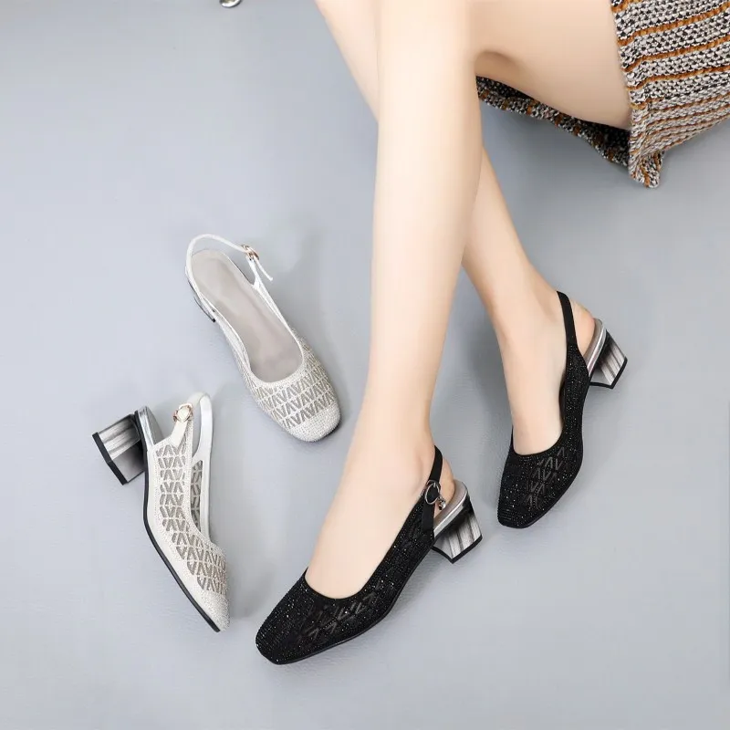 

YAERNI summer sandals for women square toe crystal mesh cutout hollow out OL fashion shoes square heel buckle shoe Slingback